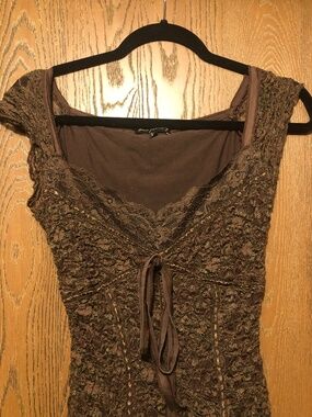 Ann Ferriday Brown Green Stretch Lace sweetheart coquette top ribbon large